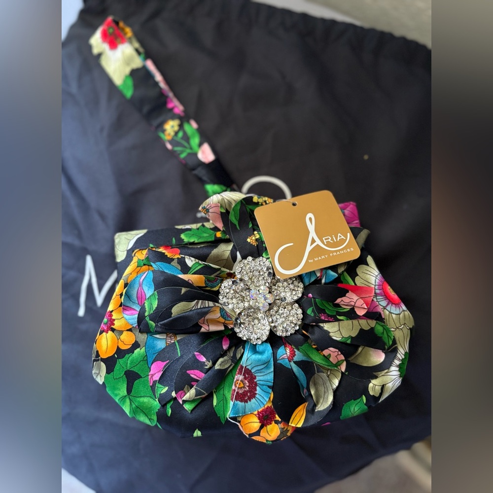 Mary Frances Black Floral Clutch with Crystal Accent